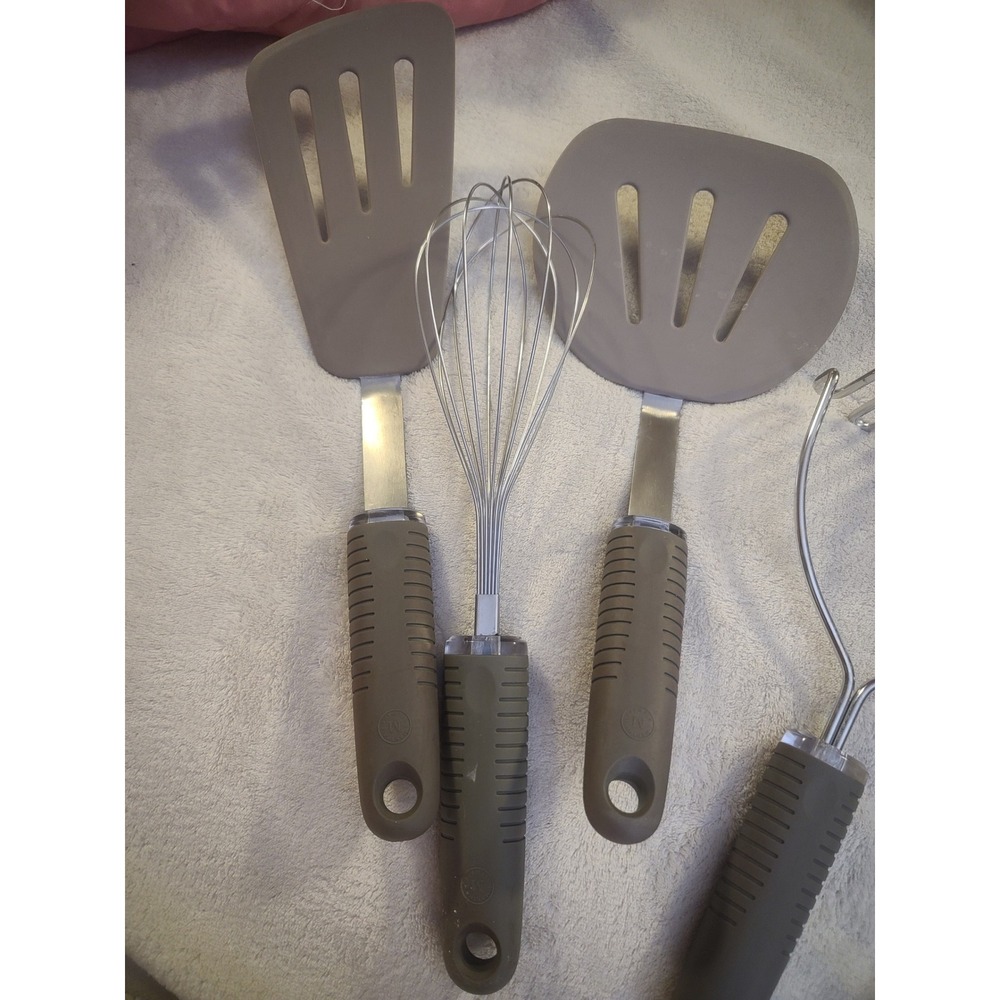 Martha Stewart Kitchen Utensil Set 4pc Taupe Gray Silicone Stainless Steel Whisk